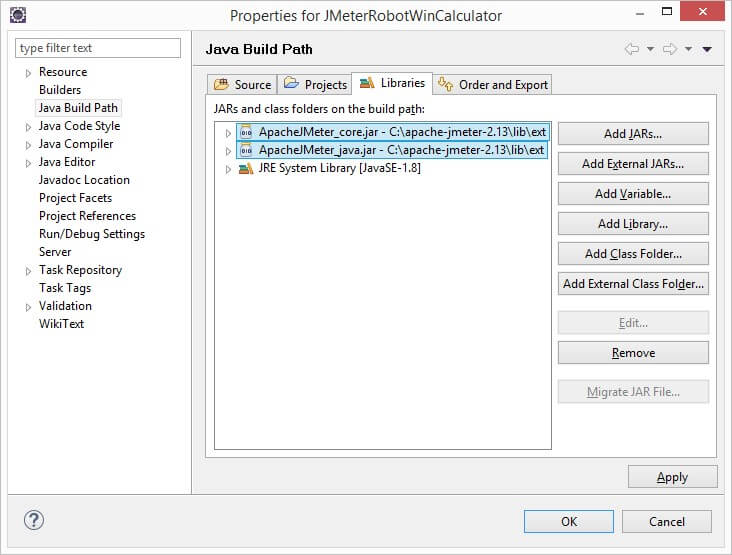 ApacheJMeter_core.jar and ApacheJMeter_java.jar need to be included as external libs in the Eclipse project for building JMeter .jar libraries