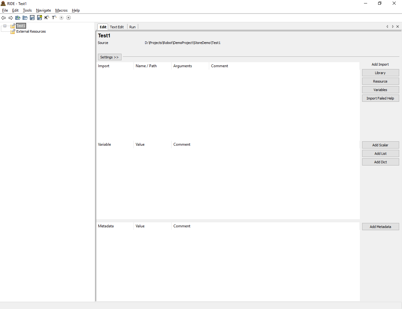 RIDE (Robot IDE) interface
