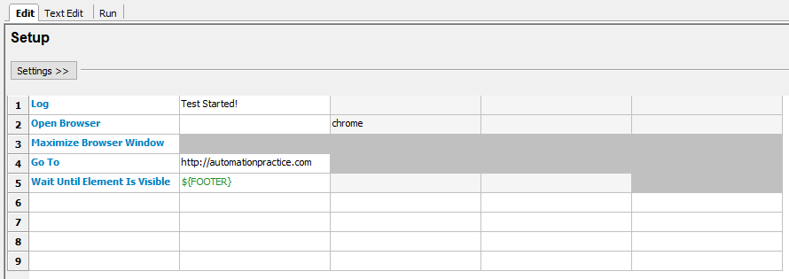 Our custom ‘Setup’ keyword consisting of multiple SeleniumLibrary keywords