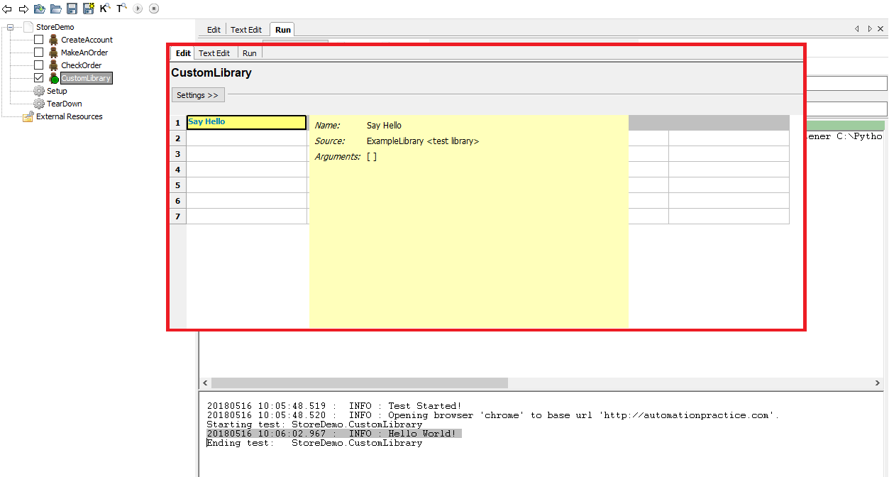Demonstration of custom library and keyword usage in Robot Framework