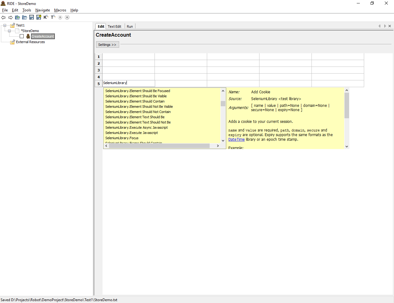An empty test case showing the available keywords from the imported SeleniumLibrary