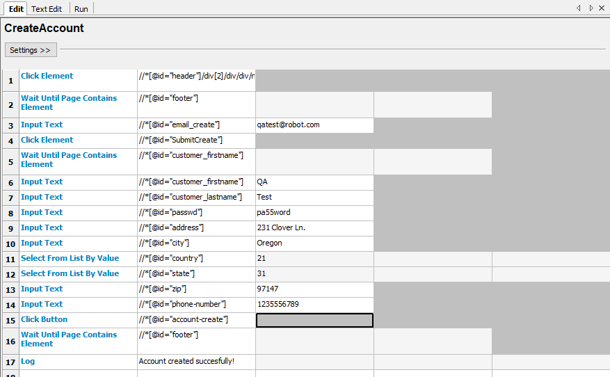 A sample test written in RIDE for creating an account to an e-commerce site