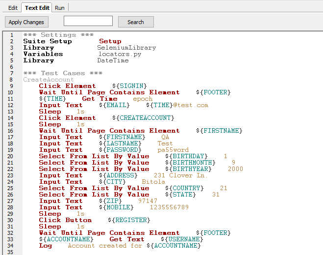 The actual syntax of our sample Robot Framework test