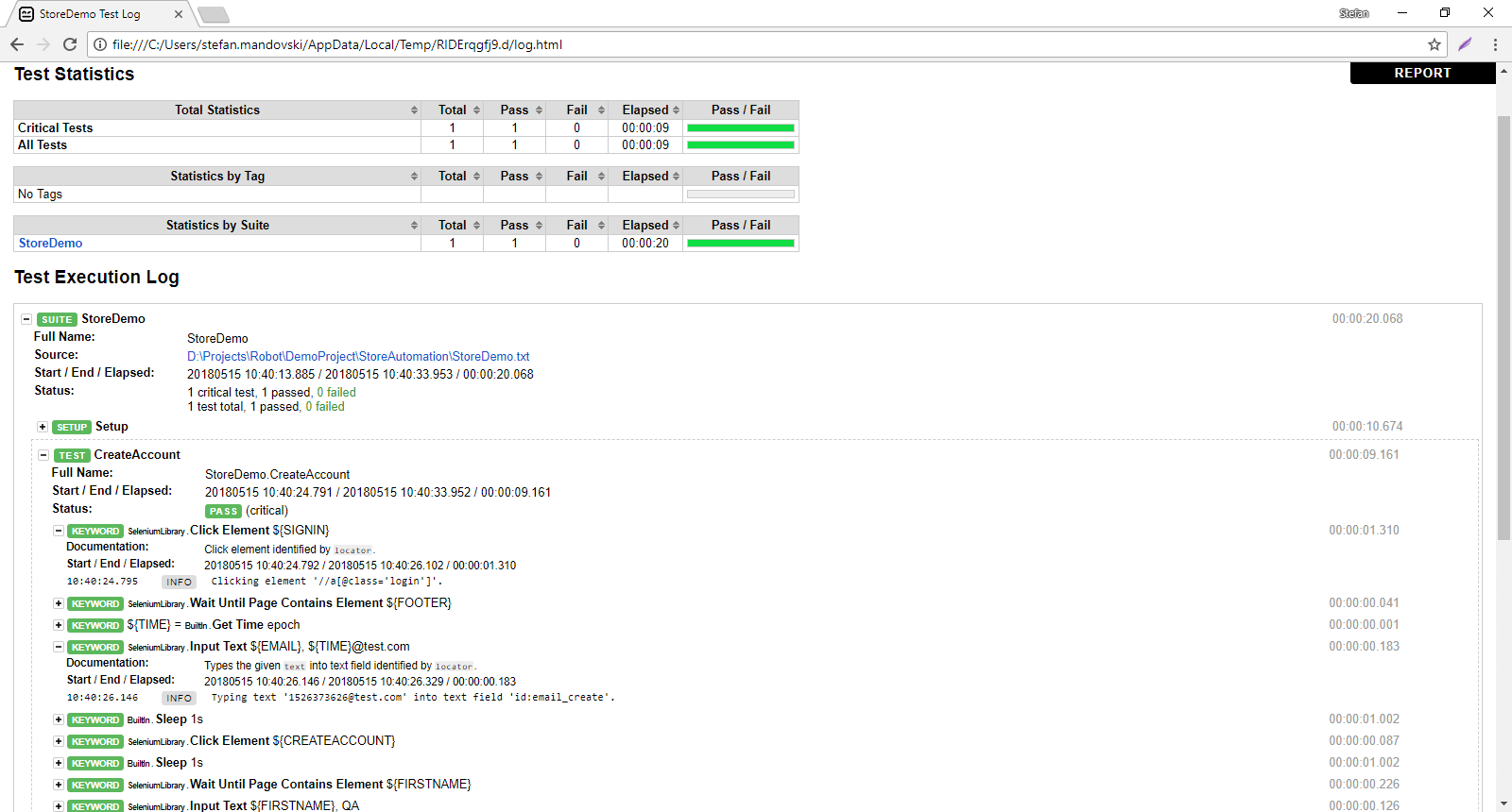 Robot log after a successful test run