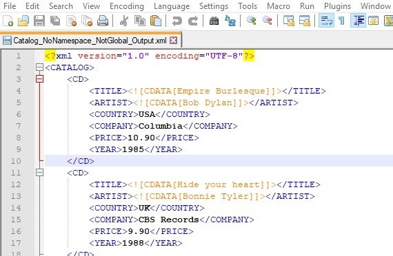 the output xml contains TITLE and ARTIST elements with values wrapped in CDATA section.