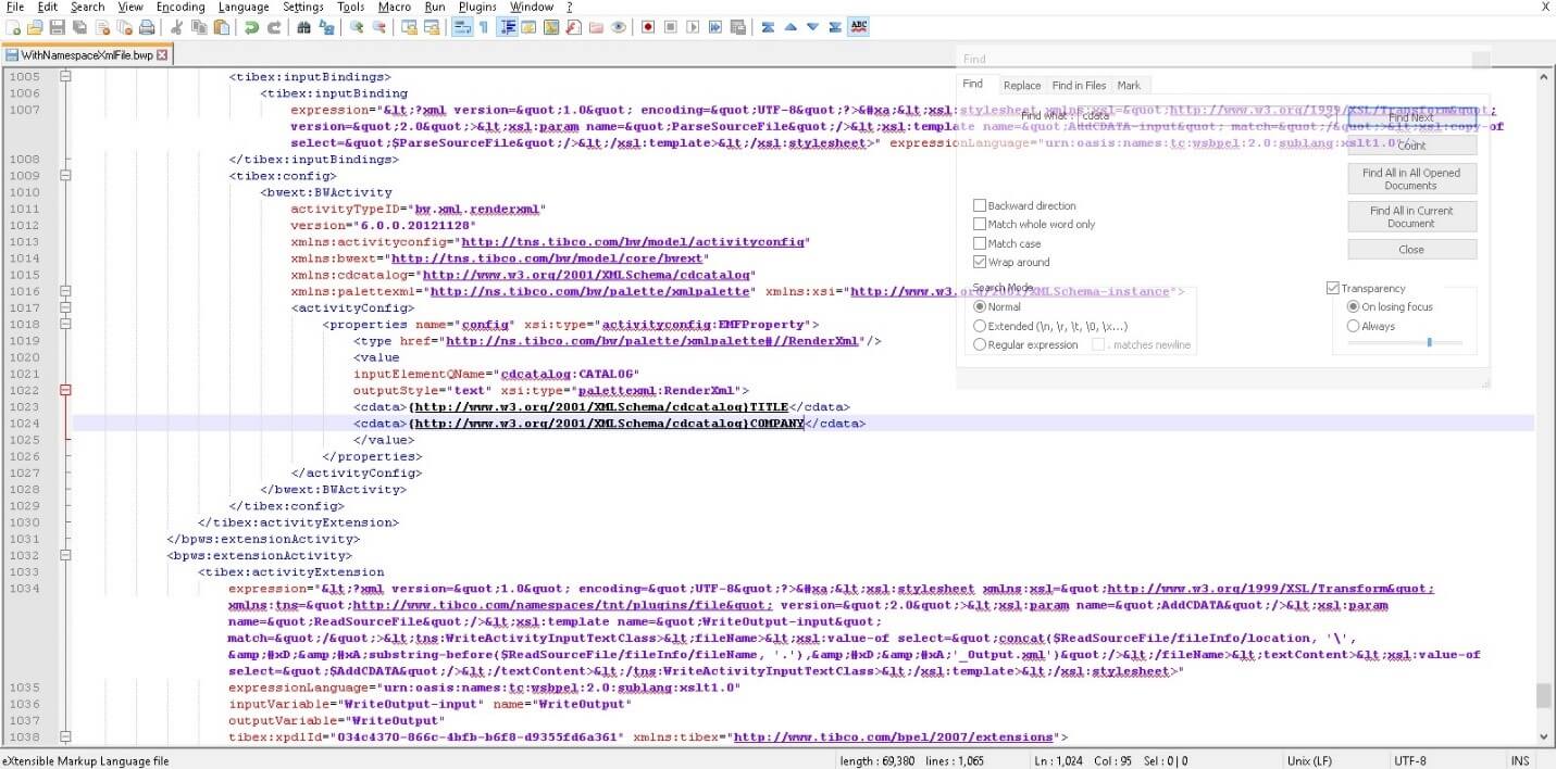 Replace CATALOG with the element that is required to have CDATA section, here is used TITLE and COMPANY