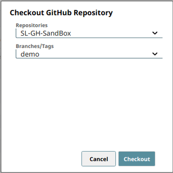 When you open the Checkout GitHub Reporstory option, you’ll see two boxes: Repositories, and Branches/Tags