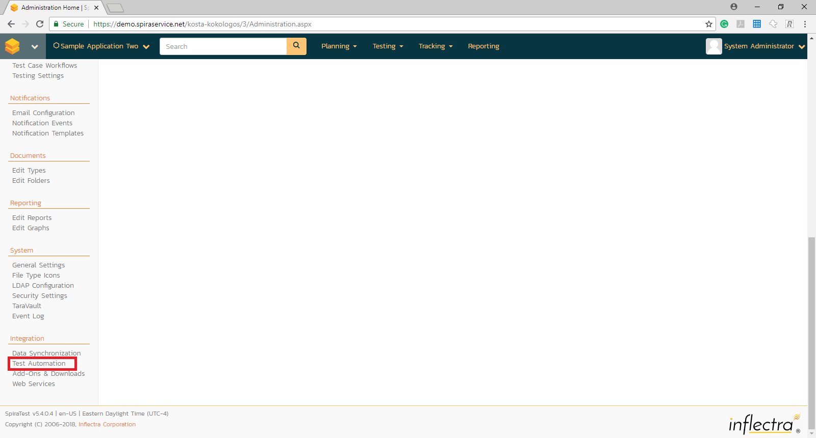 login in SpiraTest as Administrator and navigate to Test Automation Link under Integration section
