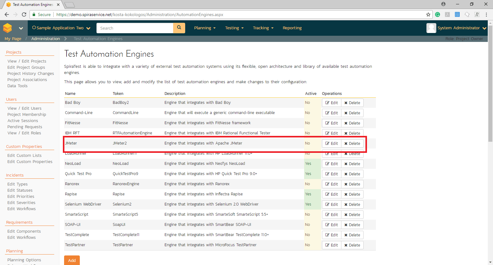 a Test Automation Engines page is displayed that lists all tools that can be integrated with SpiraTest