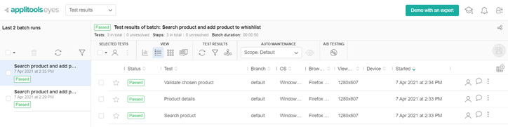 After the test re-run the status of the tests is Passed