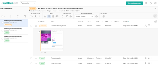 Applitools notices a difference in the screenshot when compared to baseline and sets test status as Unresolved