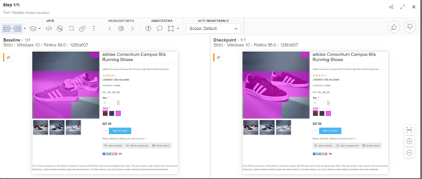 Comparison between baseline image and new screenshot