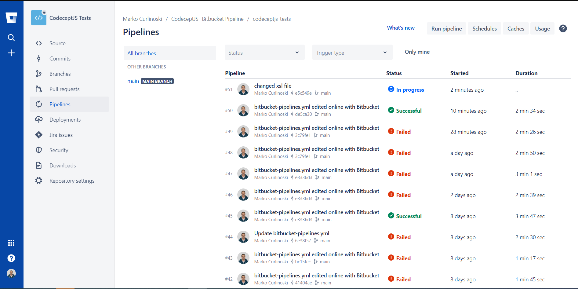 Bitbucket pipelines logs, executions, status, etc.