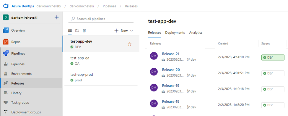 Creating two more Releases that will trigger on new artifact built from their respective git branches
