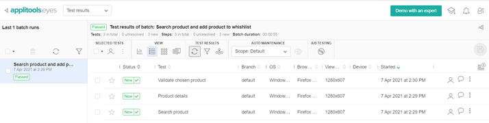 Baseline images are marked with status New
