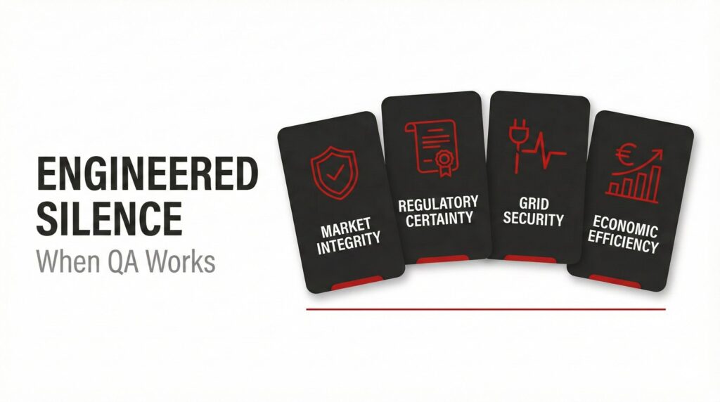 Infographic showing four dark cards in a fan formation representing the dividends of strategic QA - market integrity, regulatory certainty, grid security, and economic efficiency