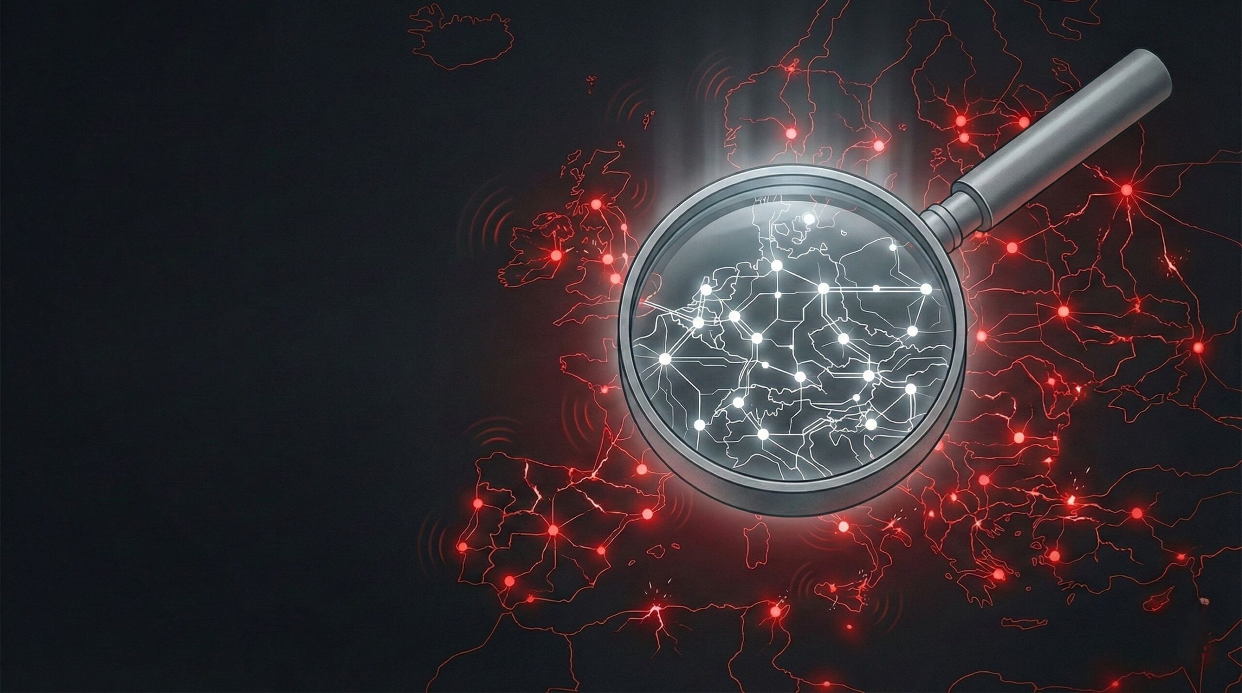 Infographic showing a magnifying glass over a European power grid network map, with stable white nodes under the lens and red stress fractures outside, representing QA as mission-critical for electricity market systems