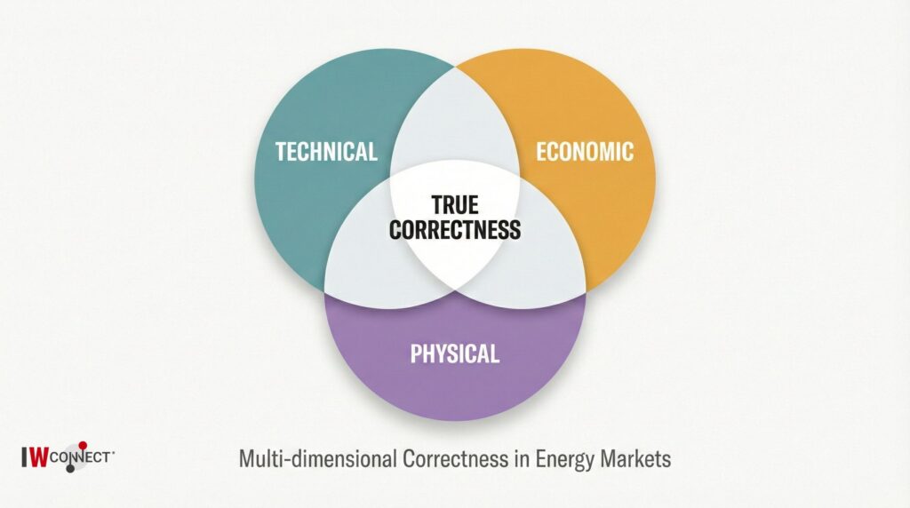 Venn diagram showing three overlapping circles labeled Technical, Economic, and Physical, with True Correctness at the center intersection, illustrating the three dimensions of validation in energy market QA