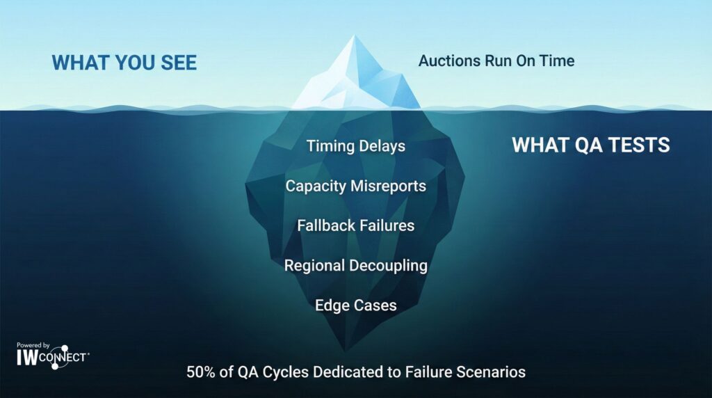 Iceberg diagram showing a small visible tip above water labeled "Auctions Run On Time" representing what users see, with a massive underwater portion listing Timing Delays, Capacity Misreports, Fallback Failures, Regional Decoupling, and Edge Cases representing the 50% of QA cycles dedicated to failure scenarios