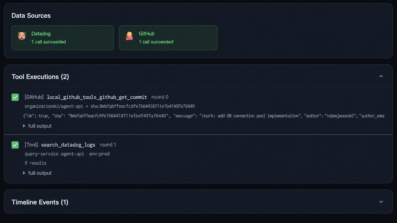 Argus multi-tool execution and notification flow across Datadog, GitHub, Slack, Jira, Teams, and ServiceNow