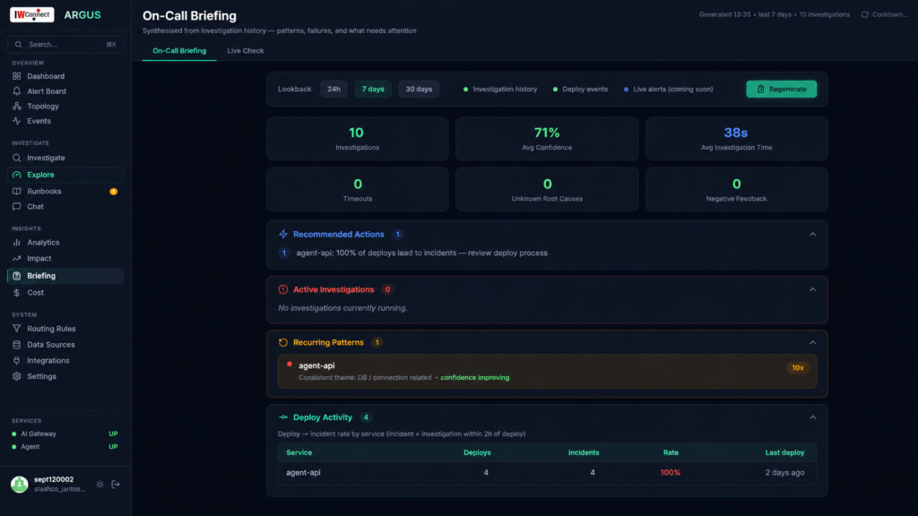 Argus incident view showing ranked root-cause hypotheses with timestamps and confidence levels