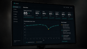 DAQA Overview dashboard showing overall quality score 85, six metric tiles, and a 12-run trend chart with anomaly at Run 8.