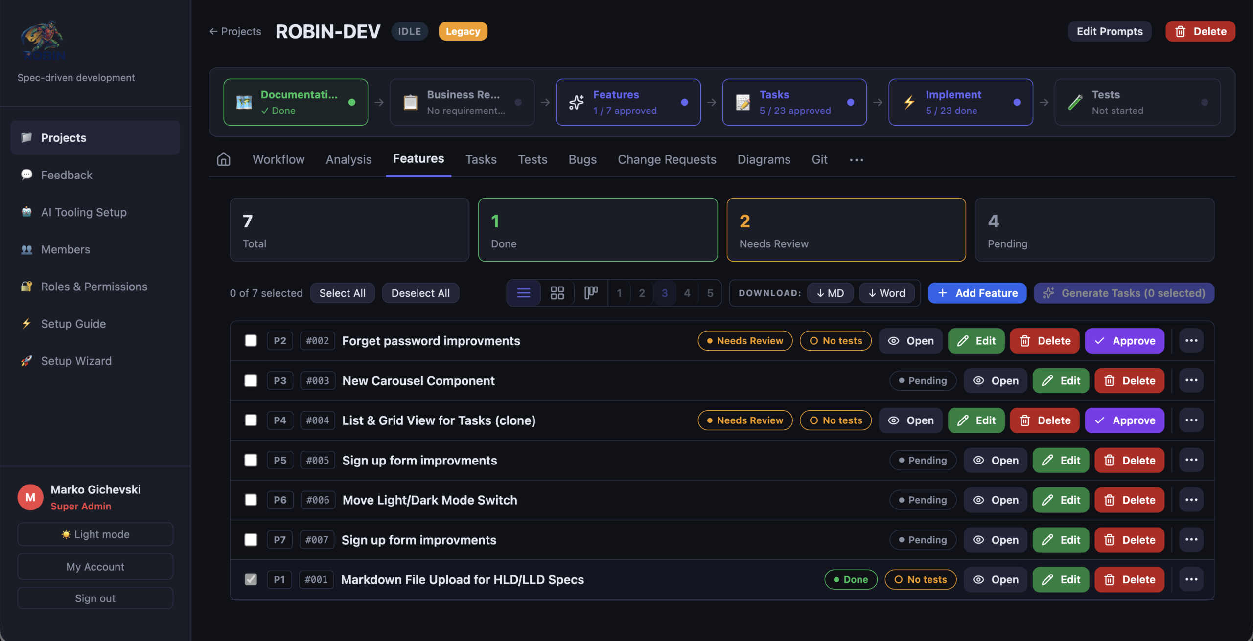 Robin feature list dashboard preview