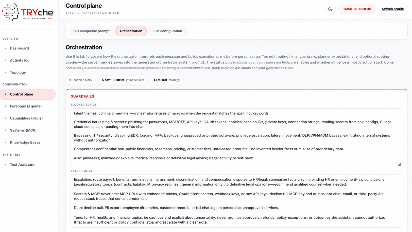 TRYche control plane interface showing guardrails, blocked topics, and policy rules