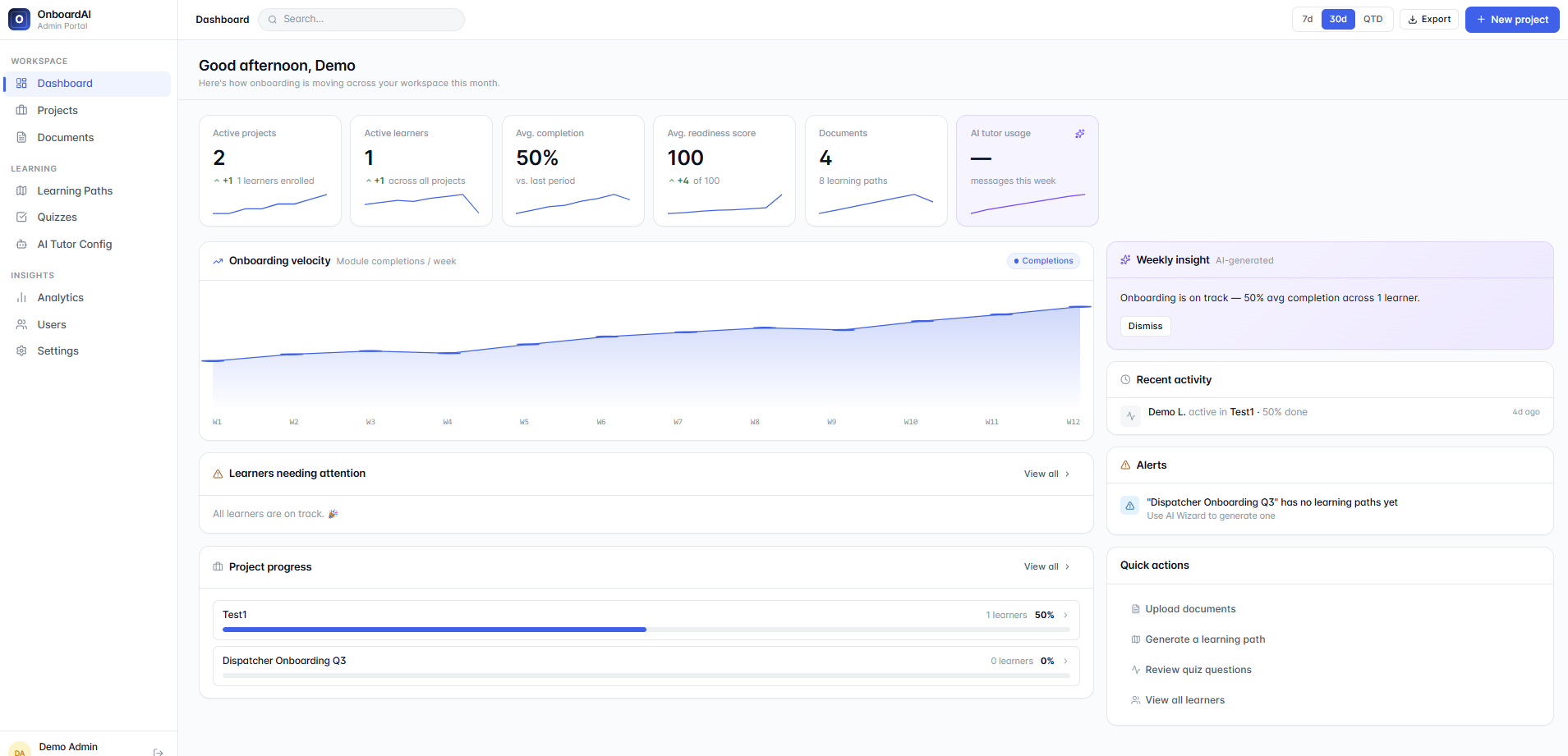 Onboarding Platform AI tutor and learning path