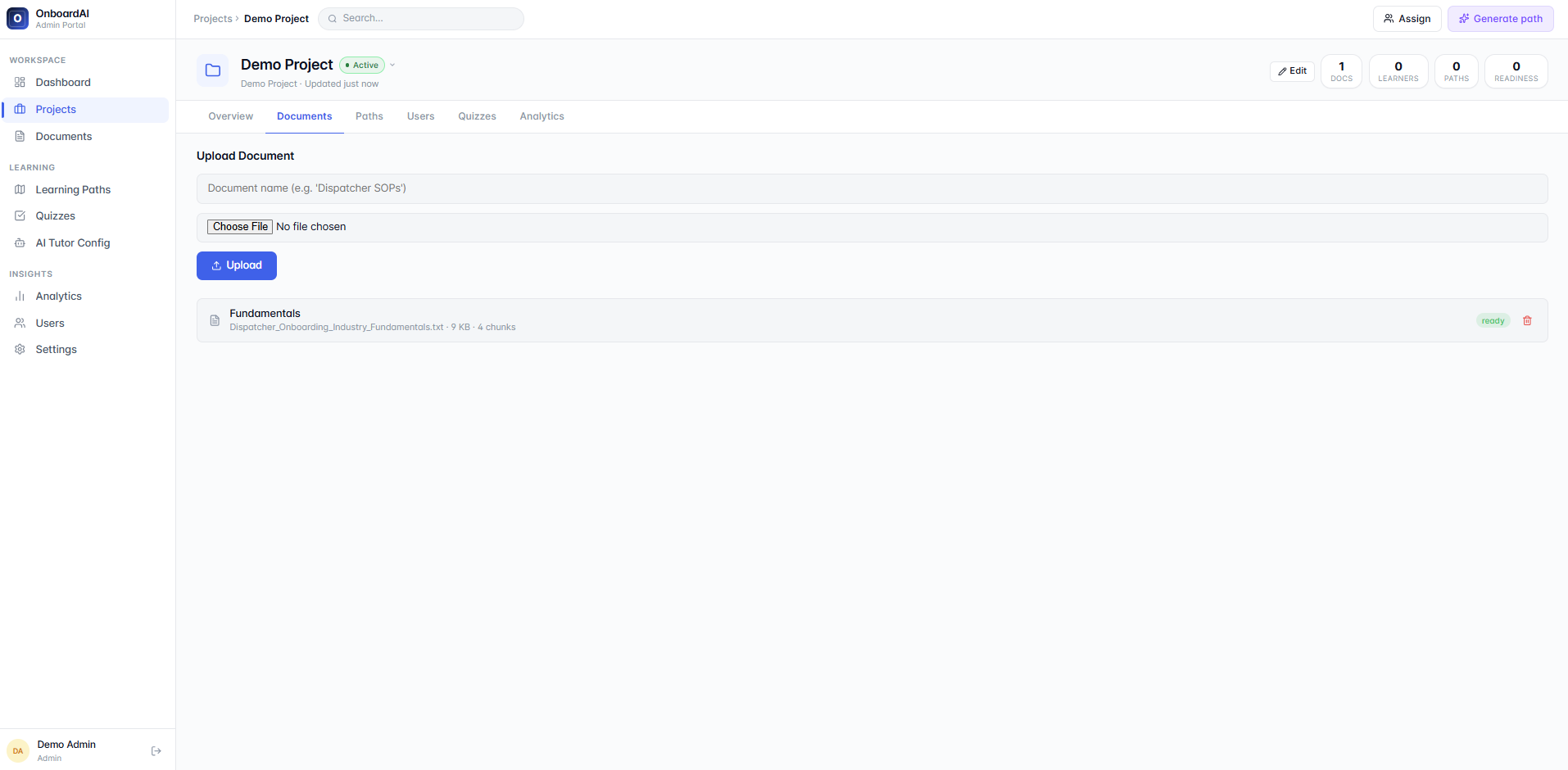 Before and after view: a stack of onboarding documents transformed into a guided learning path with a quiz