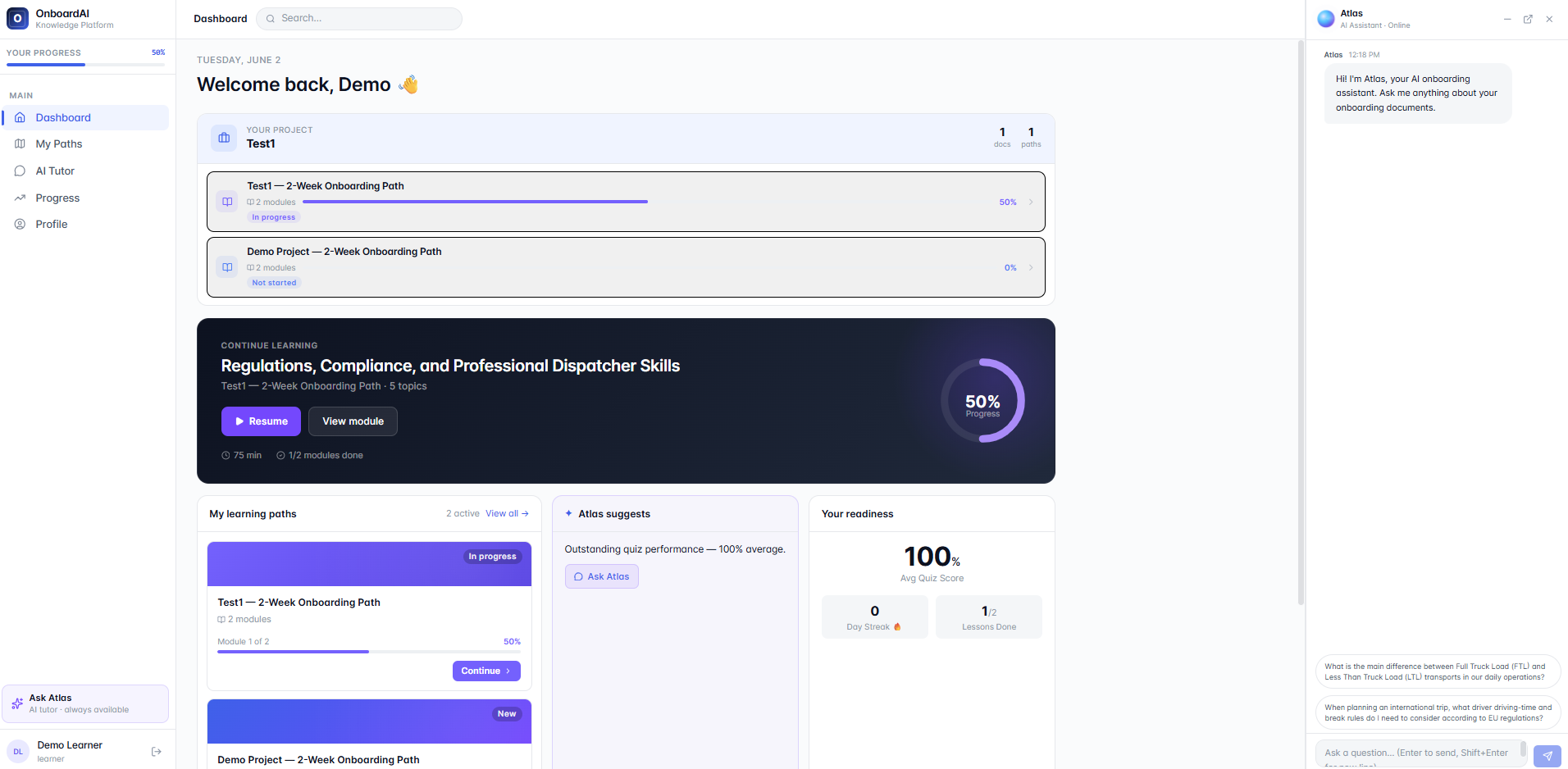 Three-step demo timeline: upload a document, walk the learning path, take a scored quiz