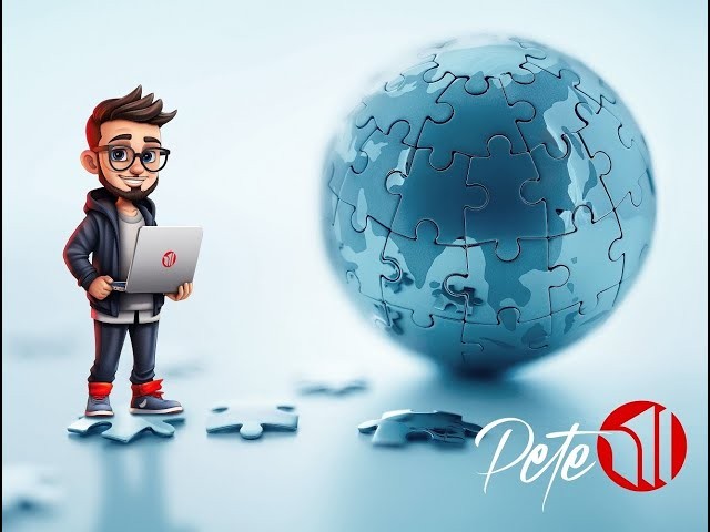 Pete, the IWConnect virtual assistant, standing with a laptop beside a globe assembled from puzzle pieces