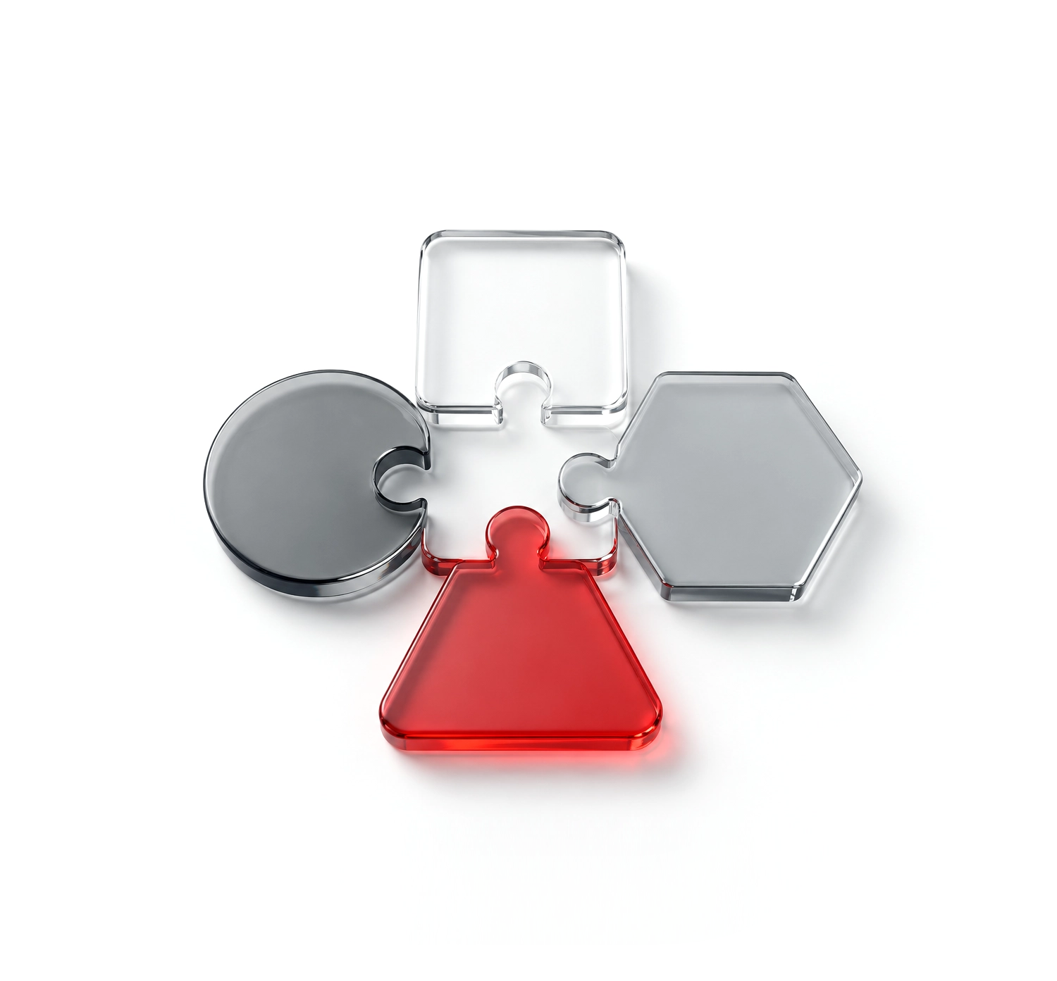 Four different shaped tool pieces - a clear square, a dark disc, a silver hexagon, and a red keystone - fitting together like a puzzle